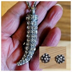 Vintage Ladies Pavé Crystal Horn with Chain and Pierced Earrings